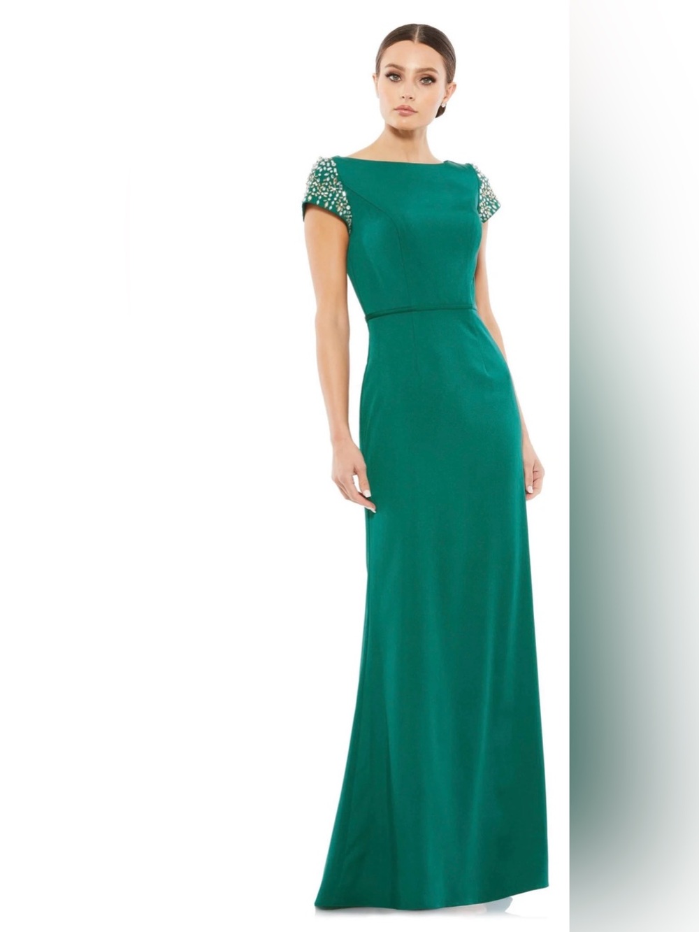 Mac Duggal - Emerald Beaded Cap Sleeve Satin Column Gown size 18